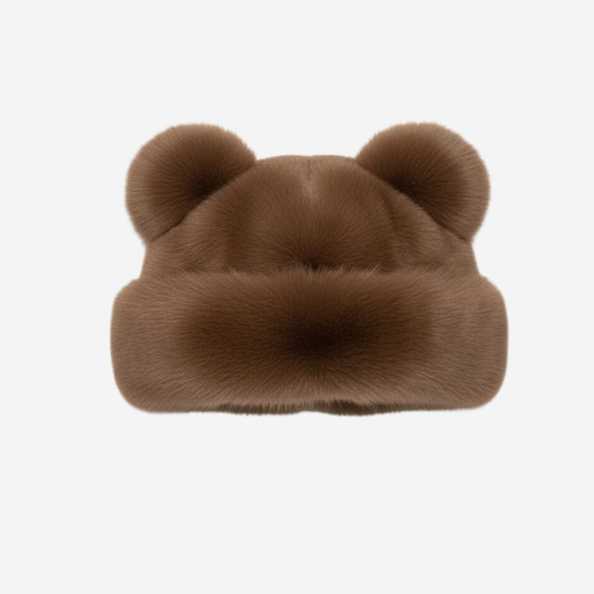 Front view of the Kouvr luxury brown mink fur winter hat with statement bear ears on a white background. 