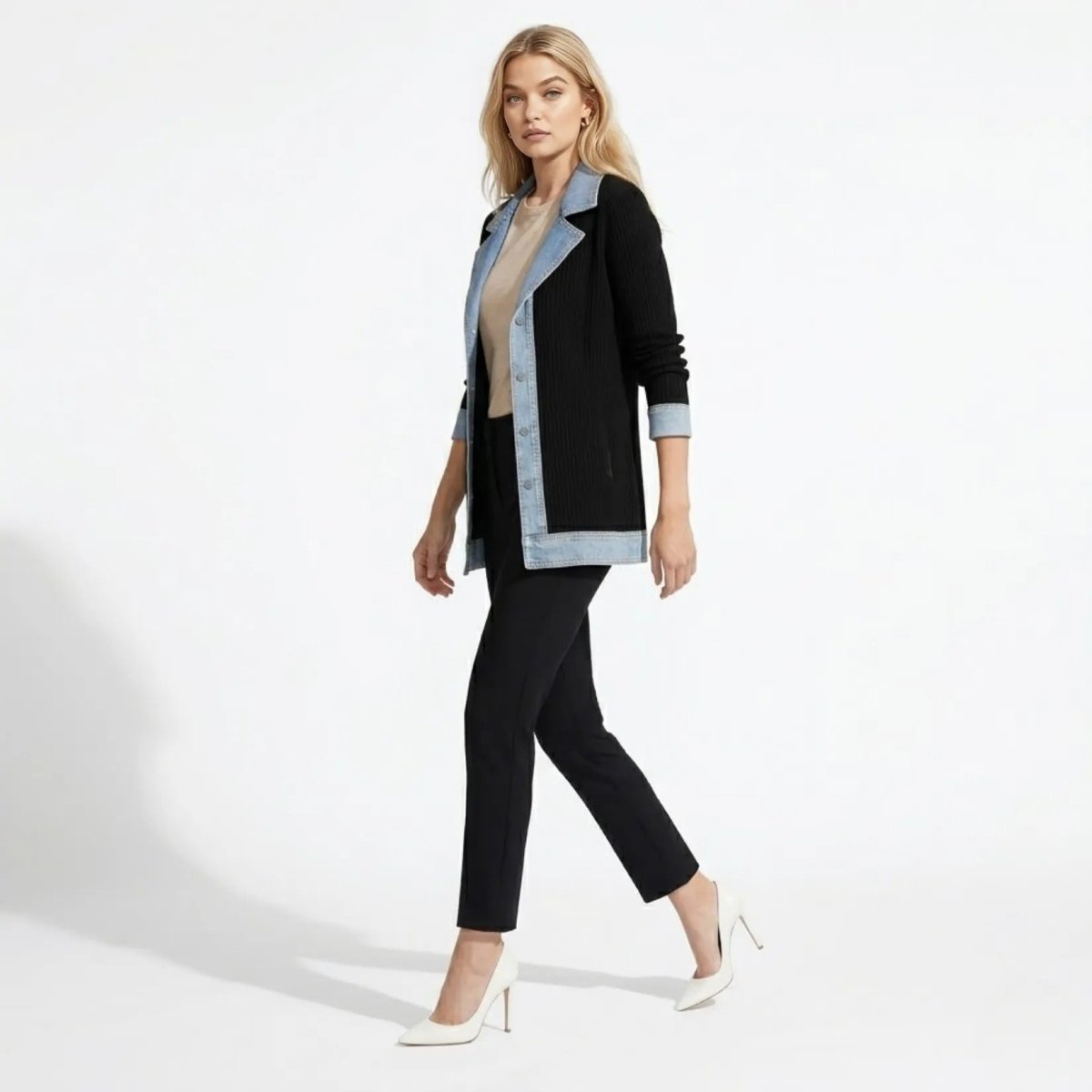 Side angle of a blonde woman walking in the Kouvr mixed media black knit and denim longline transitional jacket.