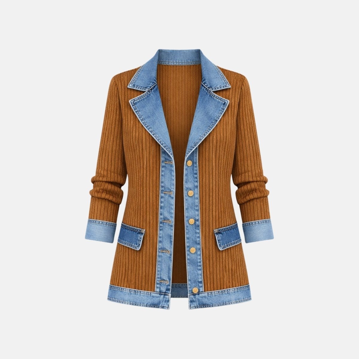 Kouvr mixed media denim and ribbed knit jacket in camel brown and light blue, front product view unbuttoned showing contrast detailing and patch pockets.