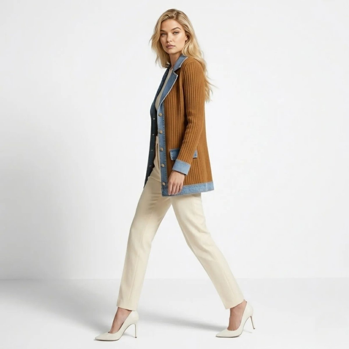 Side profile of woman walking in Kouvr two-tone ribbed sweater coat with denim collar and cuffs, showing longline silhouette and gold hardware.