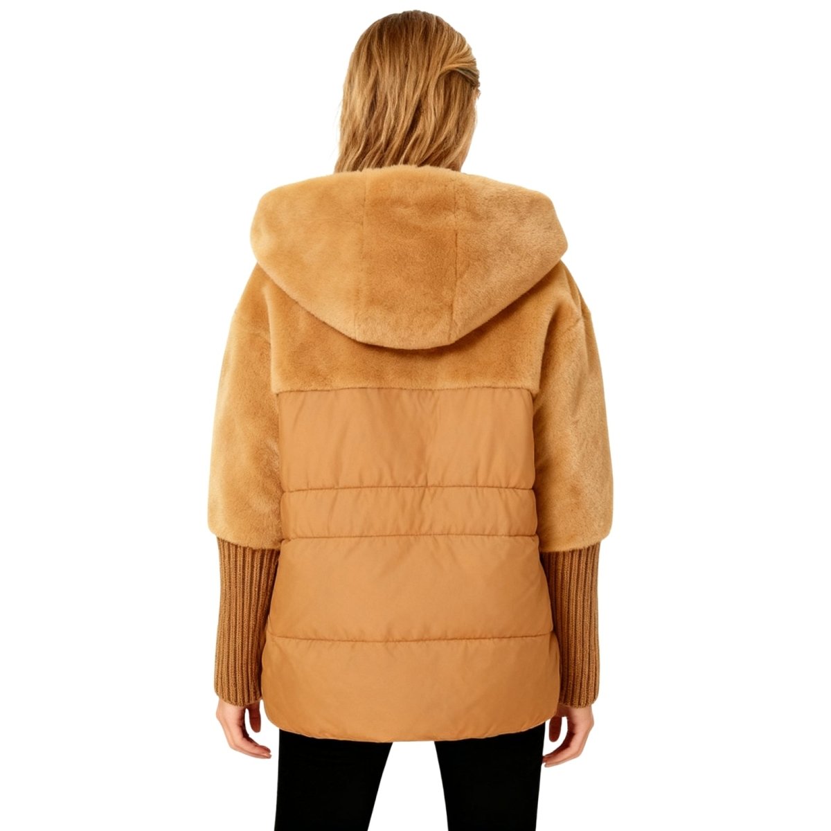 Back view of the Kouvr deep khaki puffer jacket, highlighting the faux shearling yoke and hooded design.