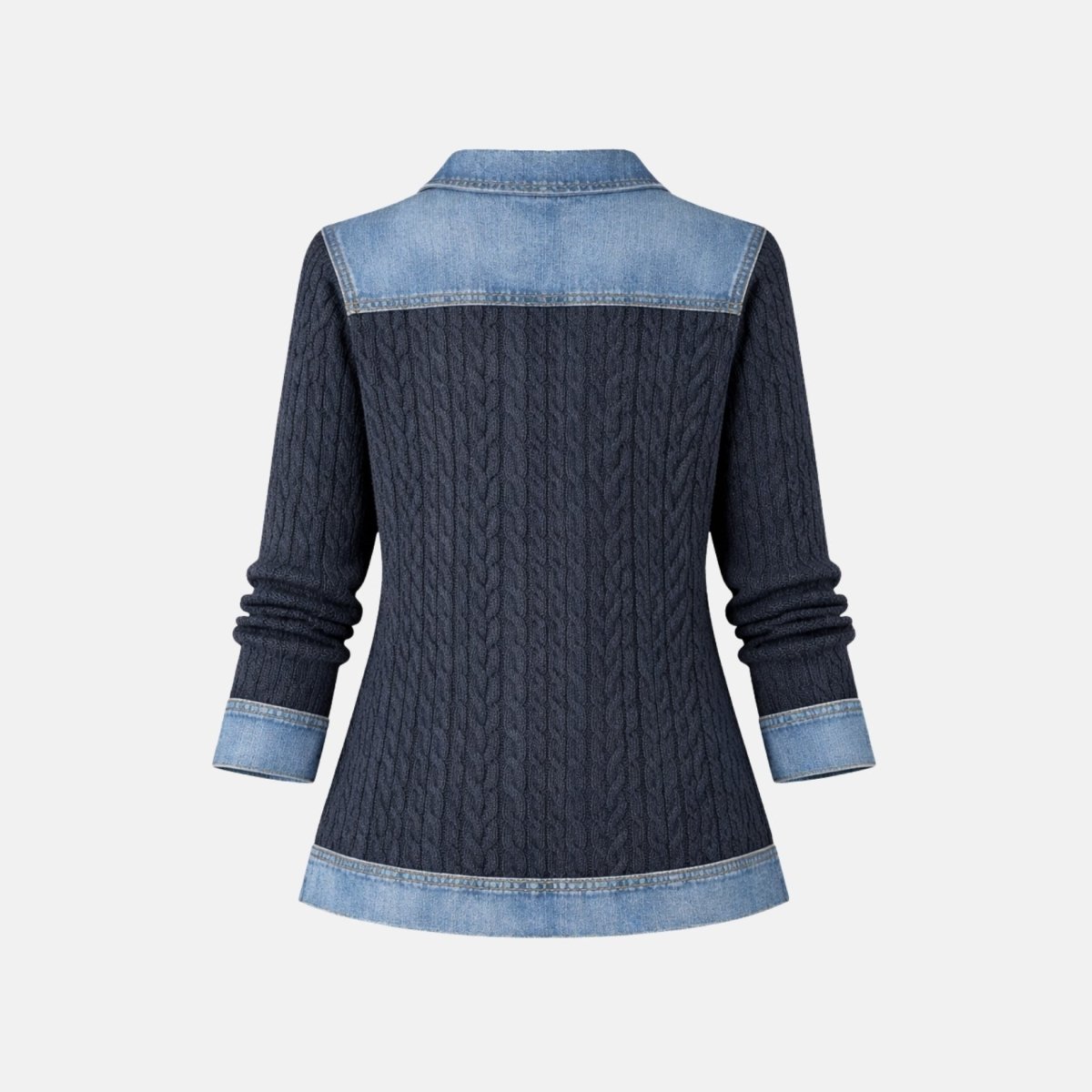Back ghost mannequin product view of the Kouvr navy cable knit sweater jacket highlighting the intricate braided knit pattern and denim trims.