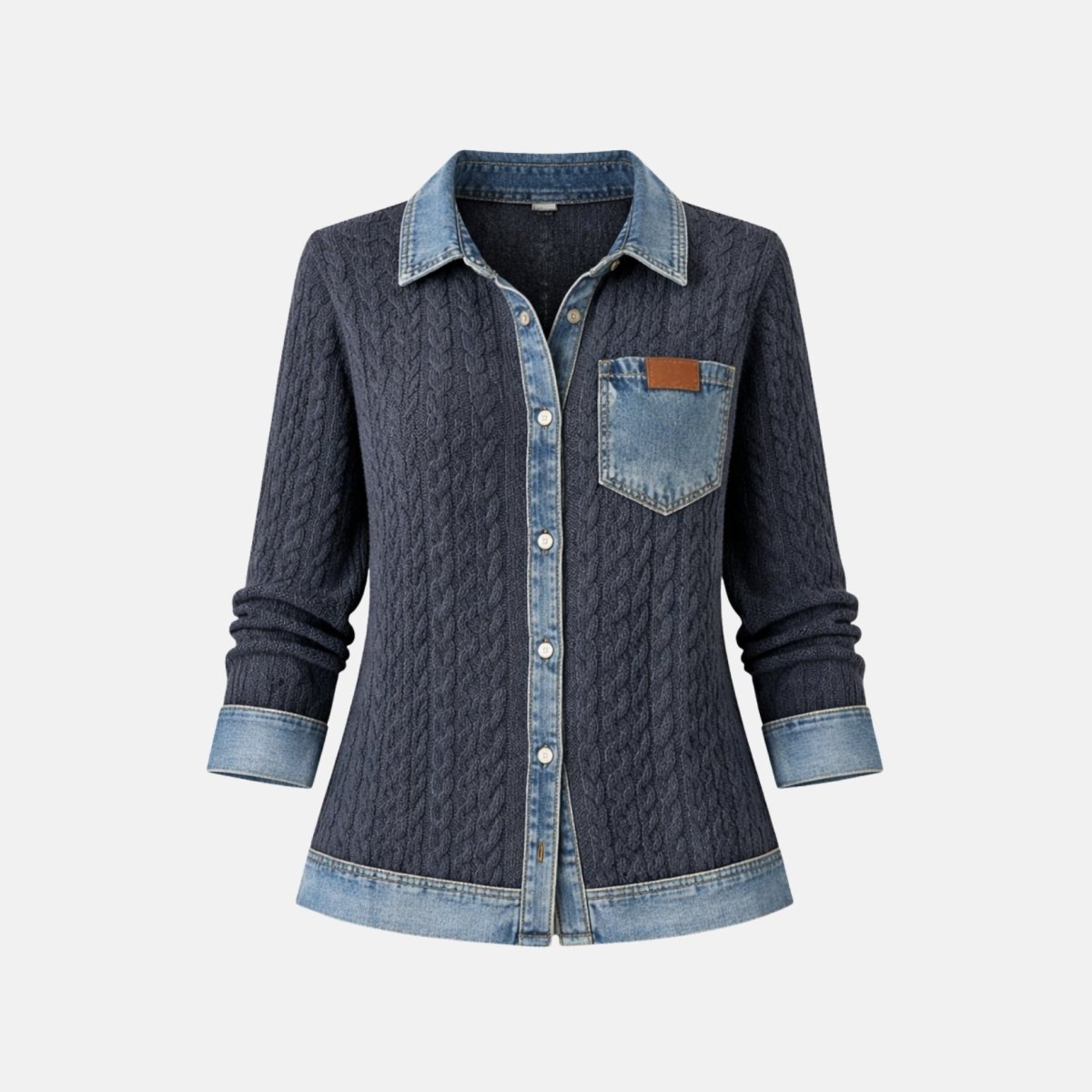 Front ghost mannequin product view of the Kouvr navy cable knit shacket featuring denim collar, chest pocket, and cuffs.