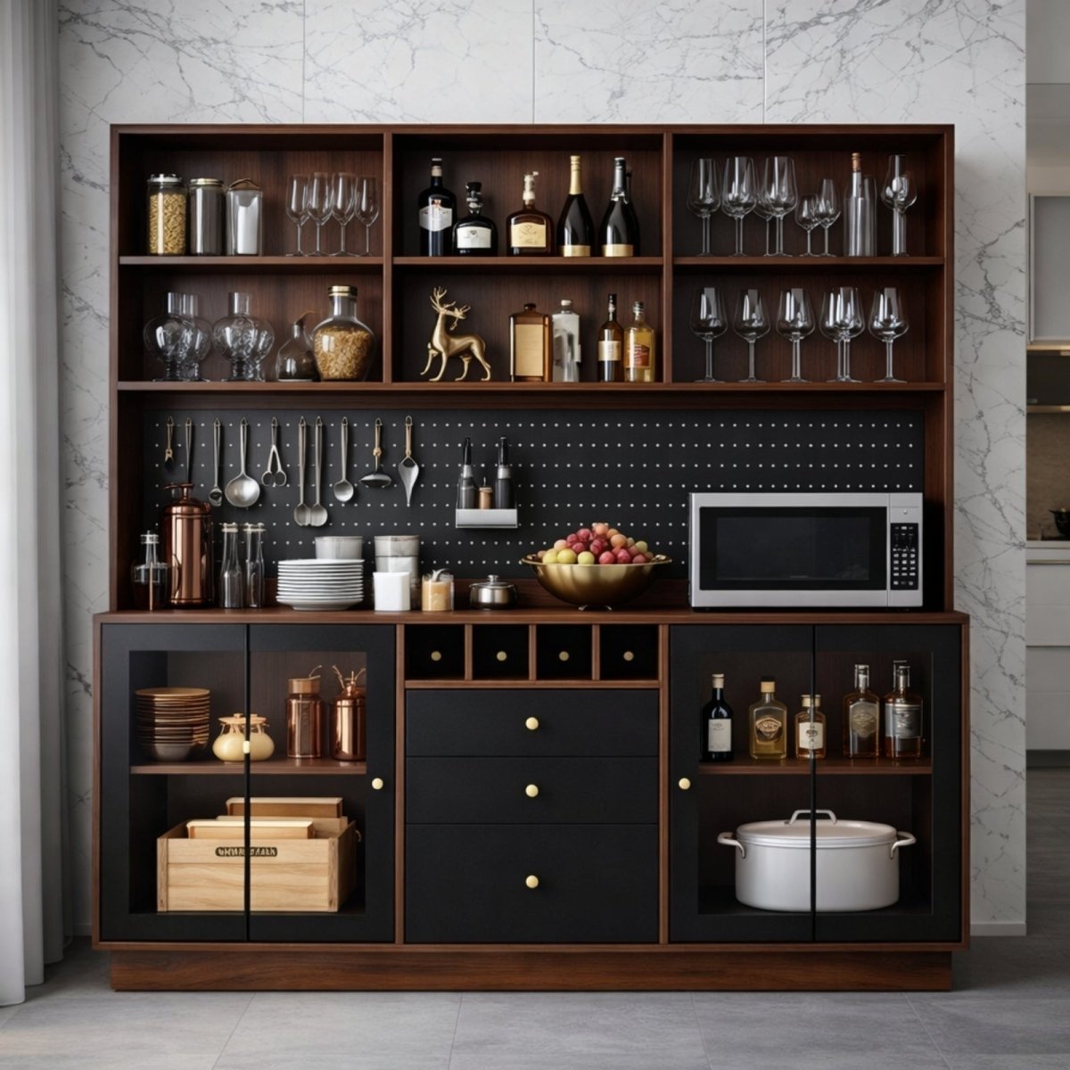 Modern dark wood kitchen hutch and buffet sideboard fully styled with wine bottles, glassware, and a microwave, showcasing its function as a complete coffee and wine bar station by Kouvr.