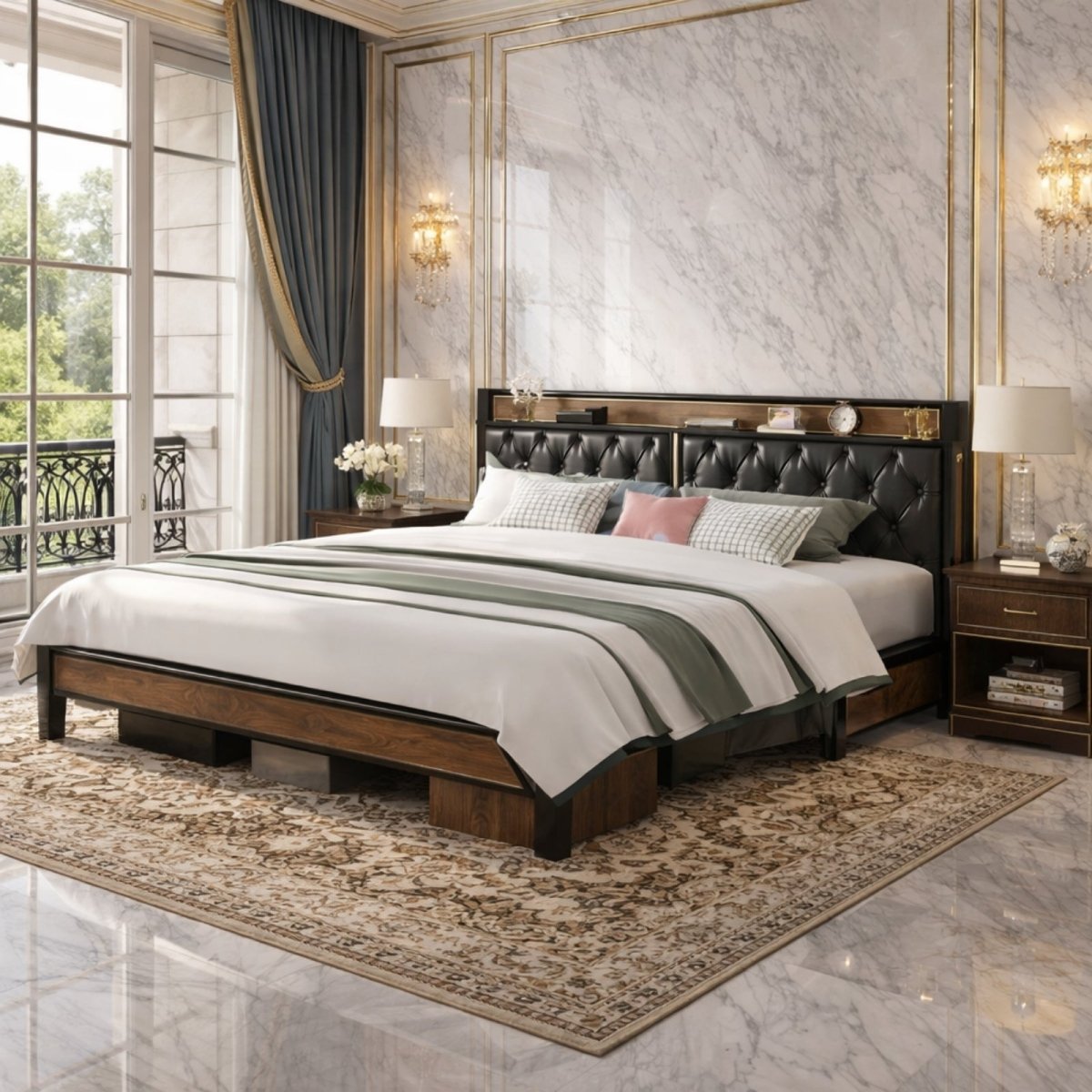 The Kouvr wood and metal bed frame with tufted headboard, styled with green and pink pillows in a grand bedroom with marble floors and walls.