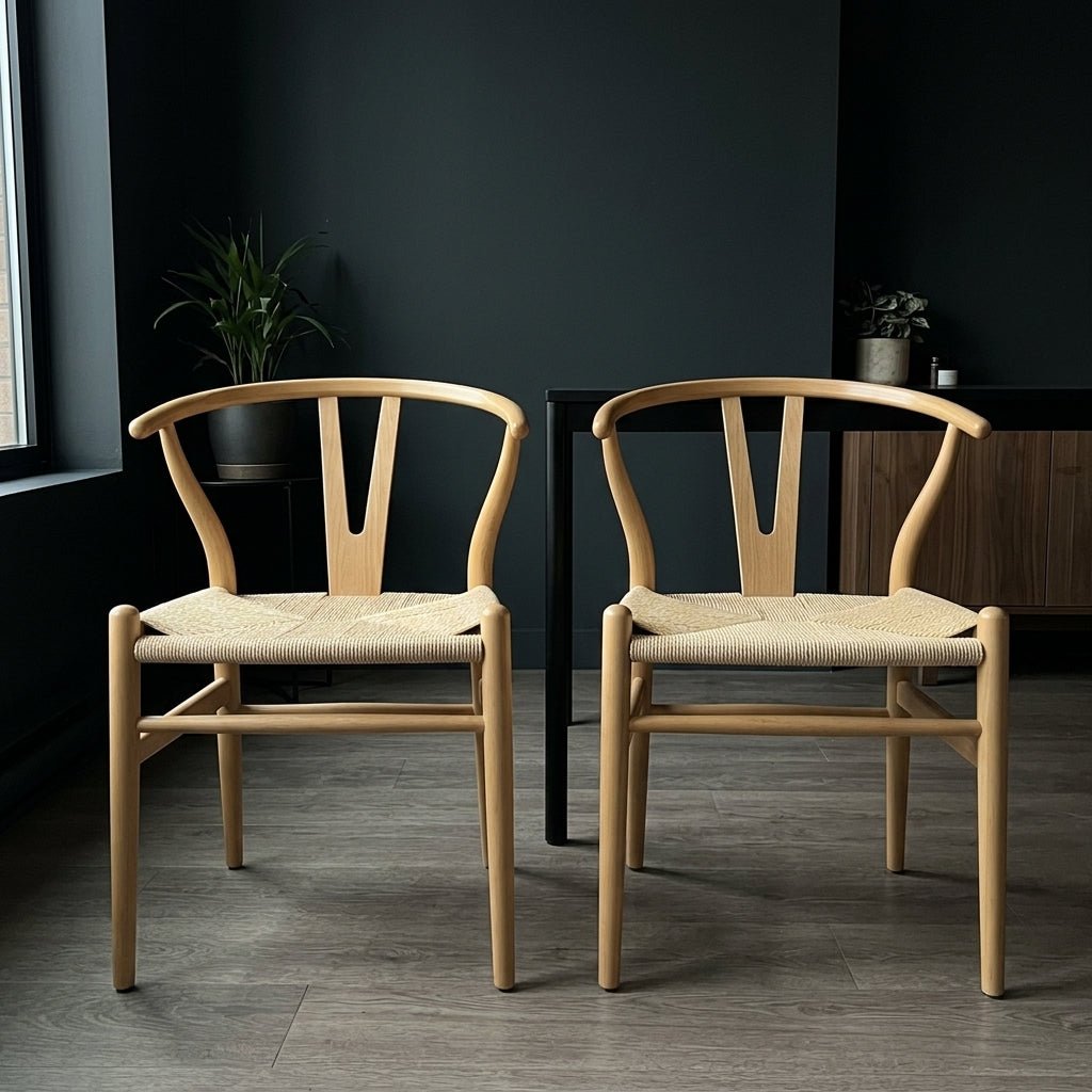 A pair of elegant mid-century modern Y-back armchairs with natural woven cord seats contrasted against a sophisticated dark moody wall.