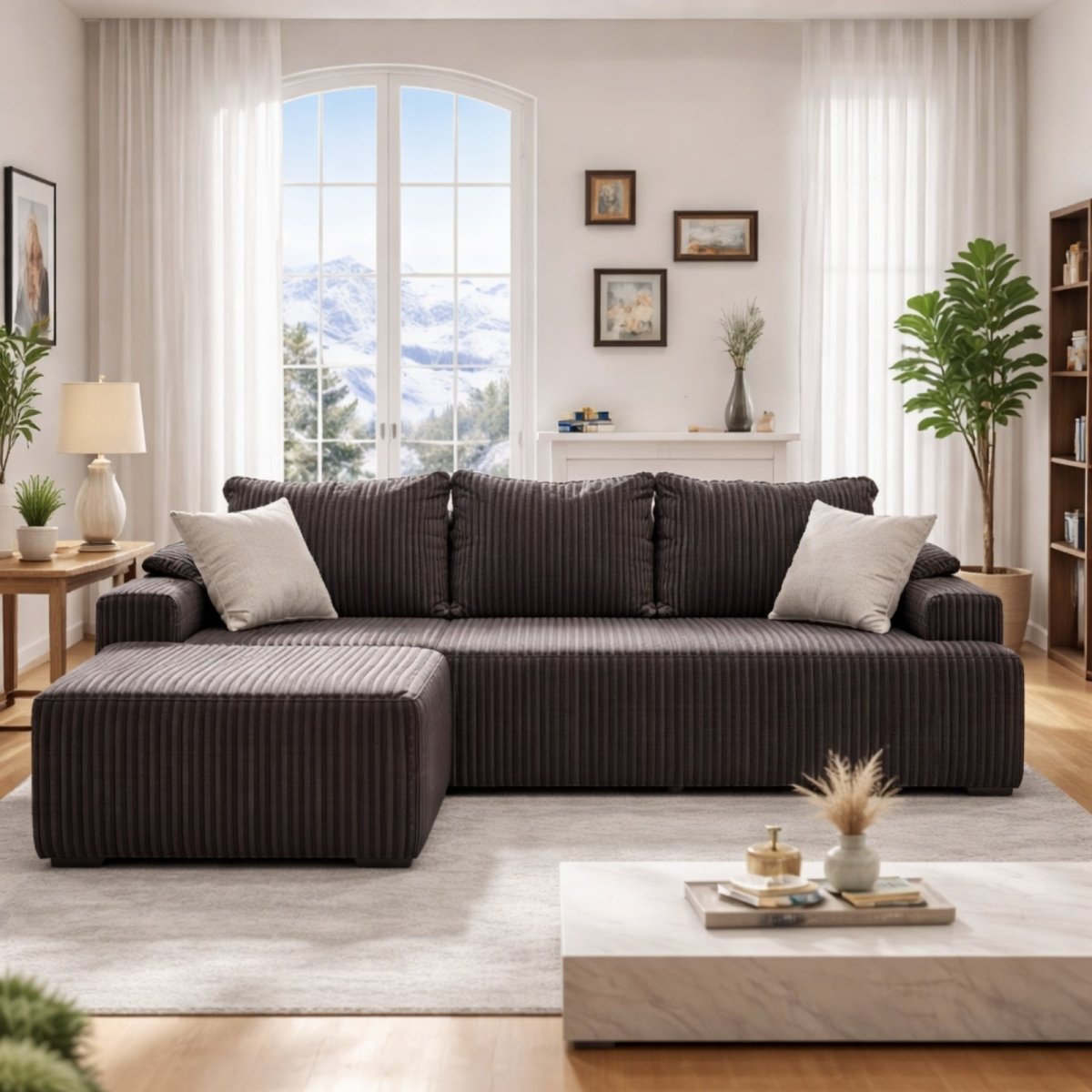 Technical dimension diagram of Kouvr sectional showing 95.67 inch total width, 25.6 inch seat depth, and 16.14 inch seat height.