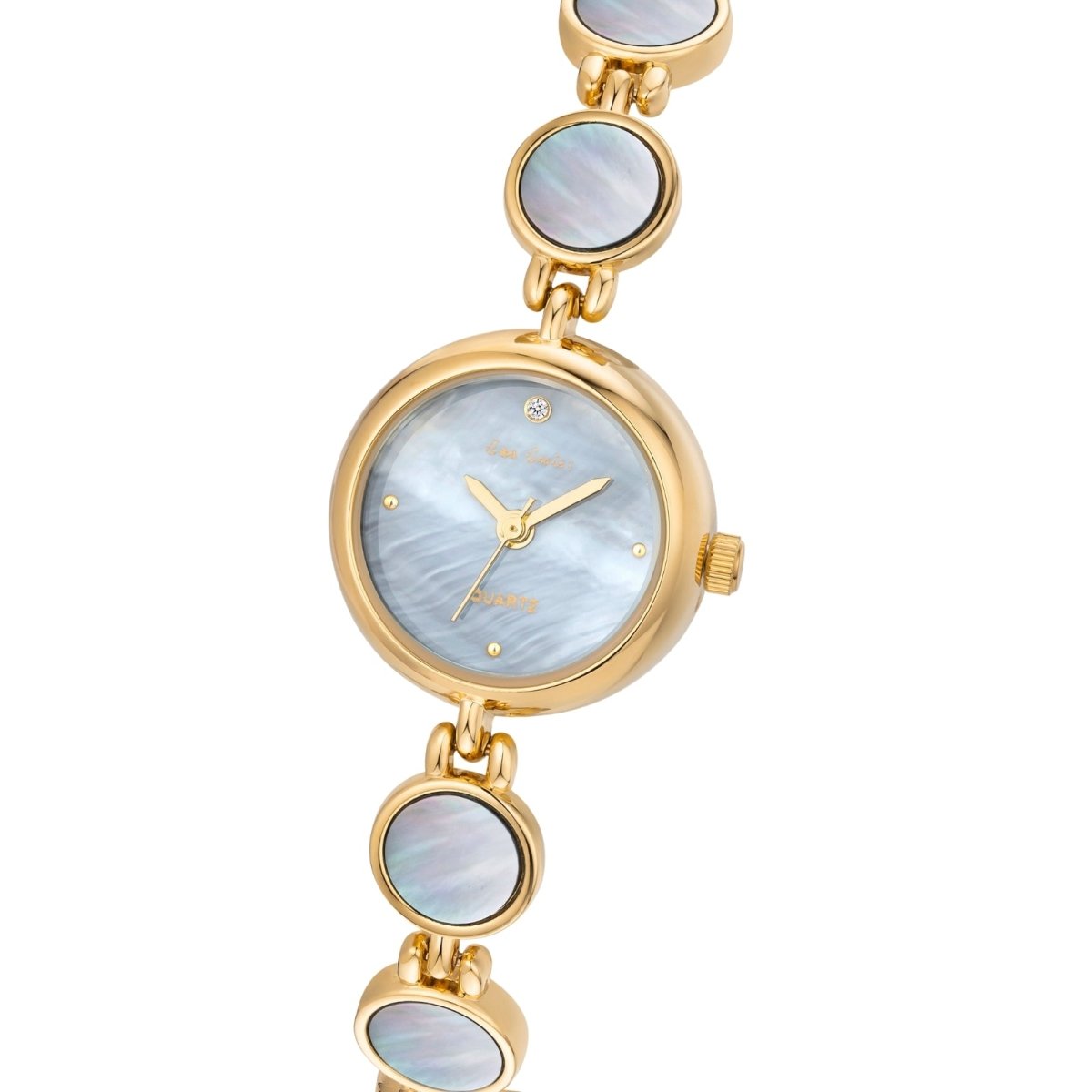 Moon Gold kouvr Faelan gold-tone watch with a white mother of pearl bracelet and dial.