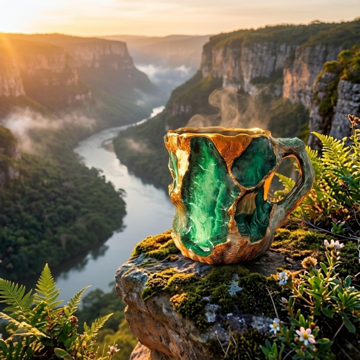 The Kouvr emerald geode mug sitting on a mossy rock on a cliff's edge, overlooking a beautiful river canyon at sunrise, embodying adventure and nature.