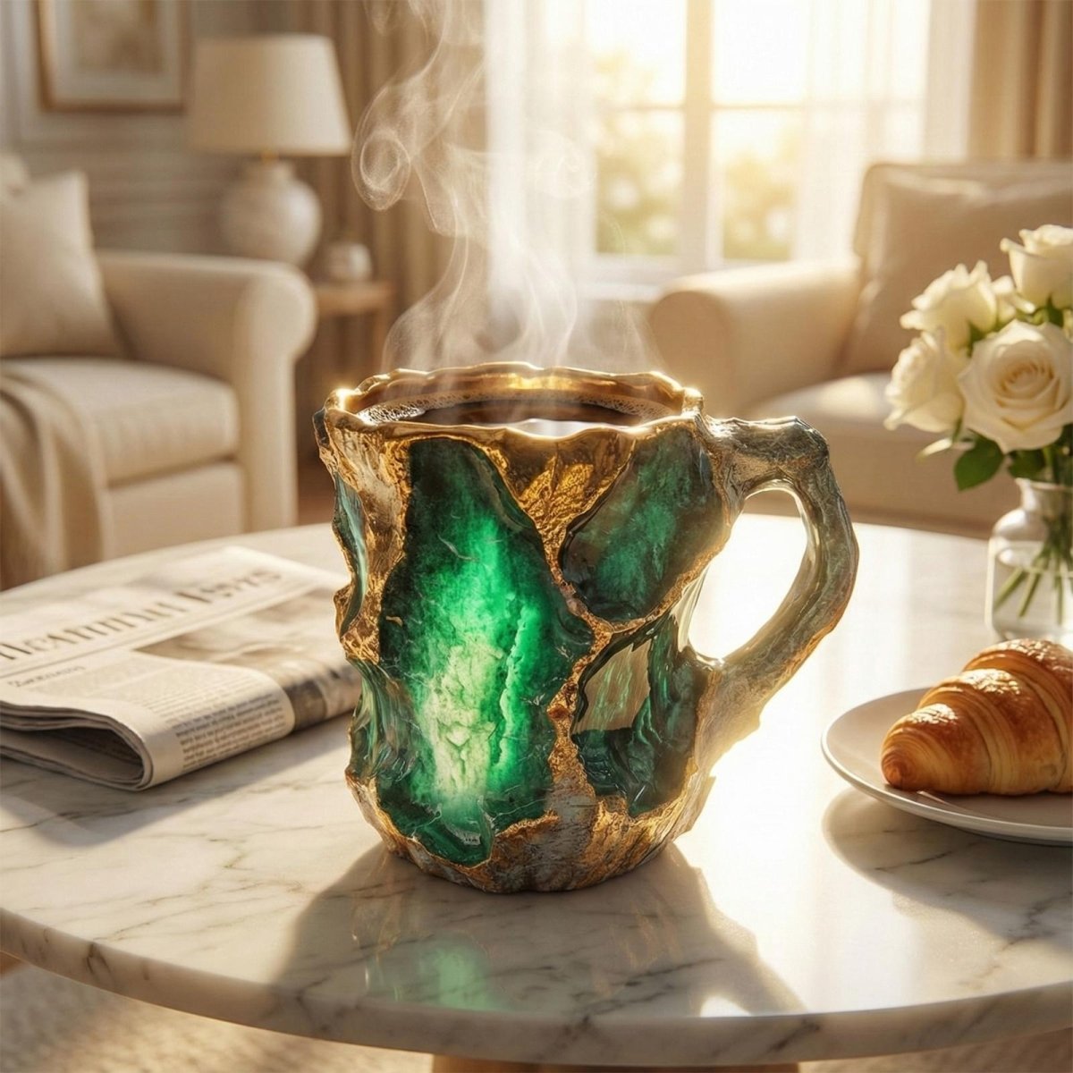 An elegant morning scene featuring the Kouvr geode mug on a white marble table with a newspaper, a croissant, and white roses in the background.