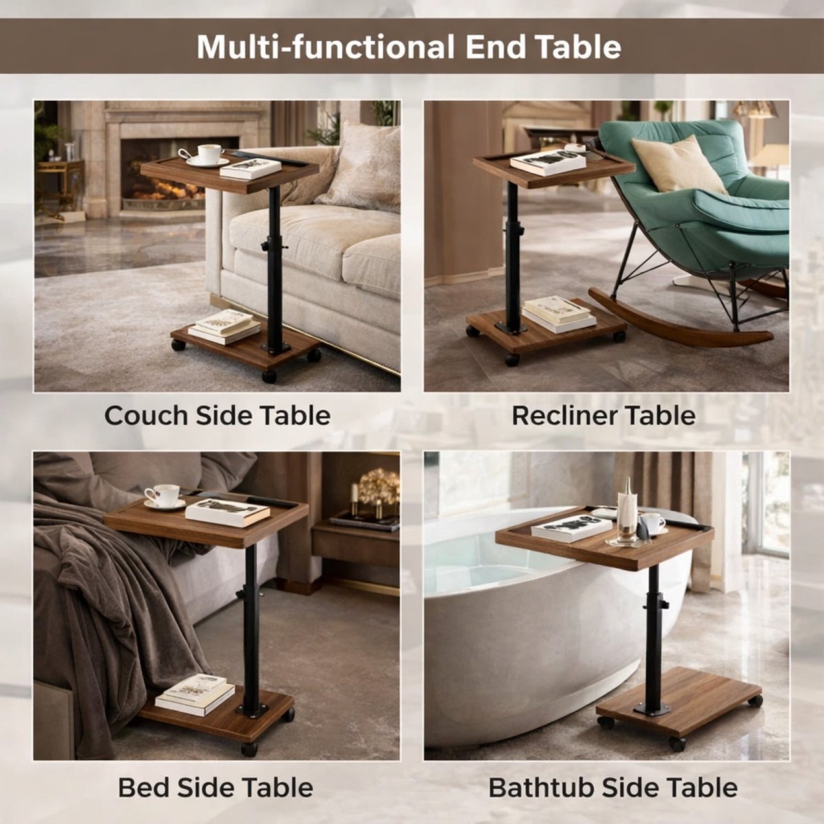 Four lifestyle images demonstrating the versatility of the Kouvr end table as a couch side table, recliner table, bedside table, and bathtub side table.