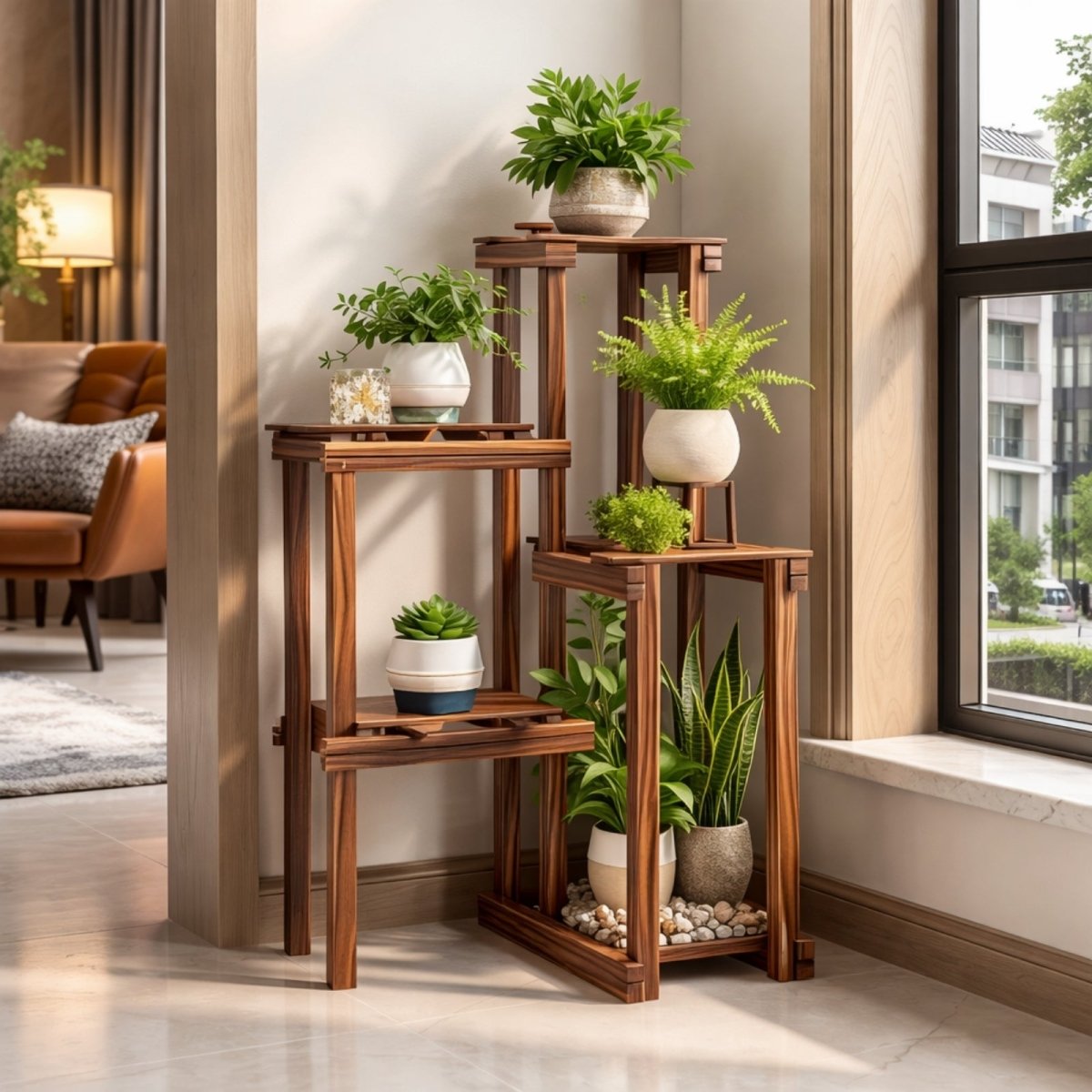 Warm toned wooden plant stand fully styled with succulents, snake plants, and ferns near a window, highlighting the tiered elevation.
