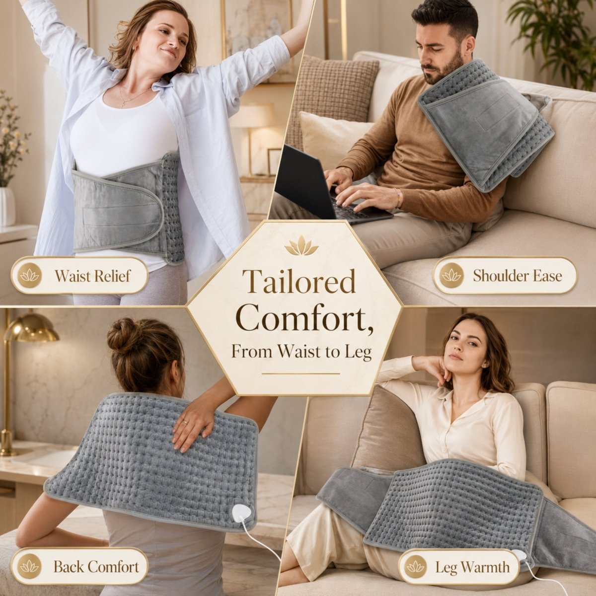 Grid view demonstrating the versatile placement of the Kouvr heating pad wrap for tailored comfort on the waist, back, shoulder, and legs of individuals relaxing at home.