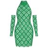 Model wearing Kouvr's Myra green crystal embellished long sleeve dress with cold shoulder cut-outs and an open back