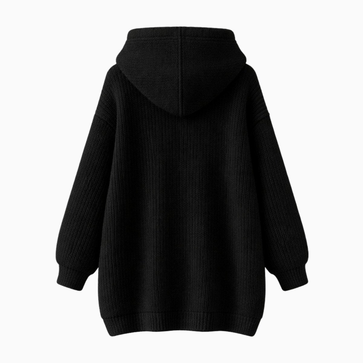 Back view flat lay of the Kouvr Nadya oversized black knit hoodie, showcasing the full silhouette and knit construction.