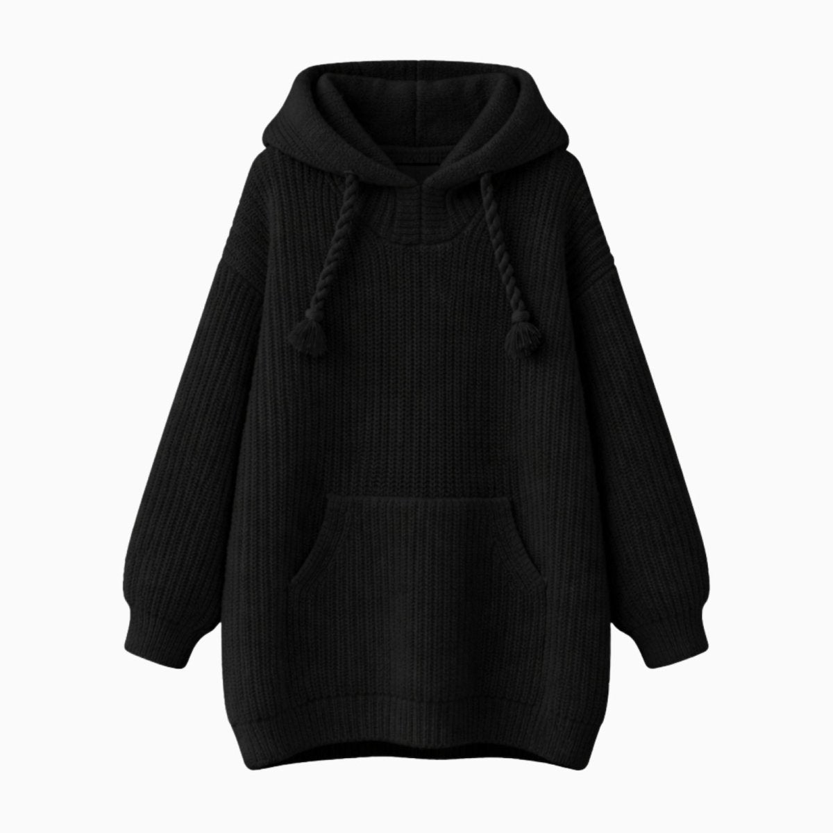 Flat lay of the Kouvr Nadya oversized black knit hoodie showing product details like the ribbed texture, hood, and thick drawstrings. 