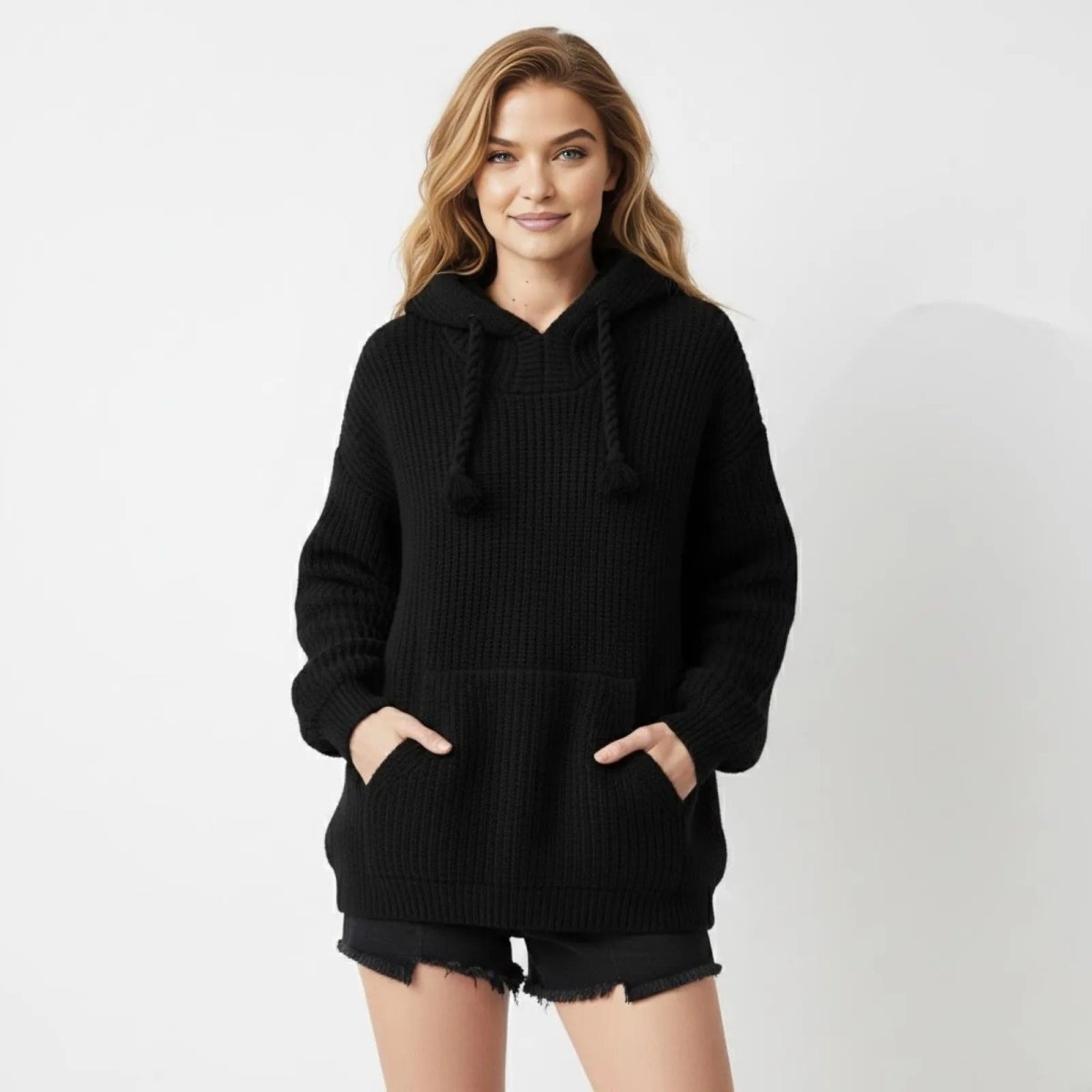 Model wearing the Kouvr Nadya oversized black knit hoodie, showing the chunky texture, rope drawstrings, and front kangaroo pocket.