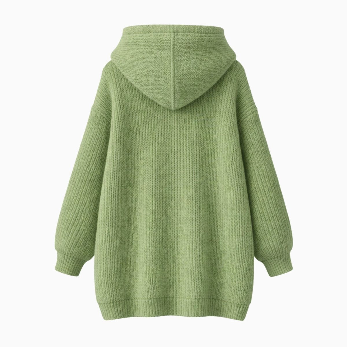 Flat lay of the back of the Kouvr Nadya knit hoodie in green, showing the full shape and texture of the chunky knit.