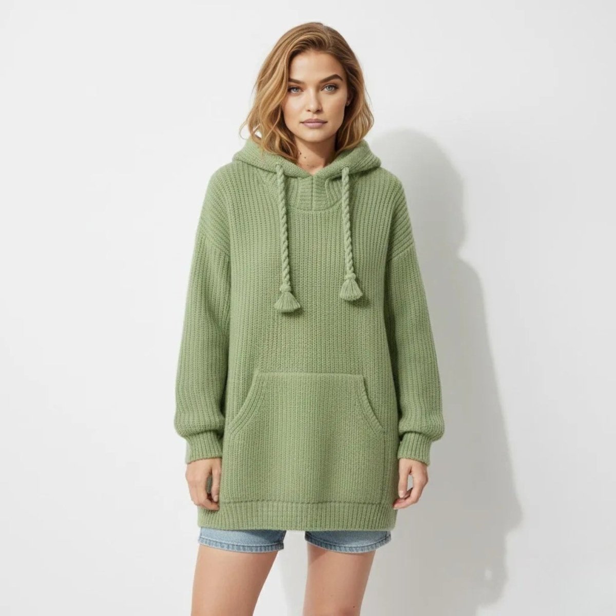 Model wearing the Kouvr Nadya oversized knit hoodie in sage green, styled as a long sweater with denim shorts, front view.