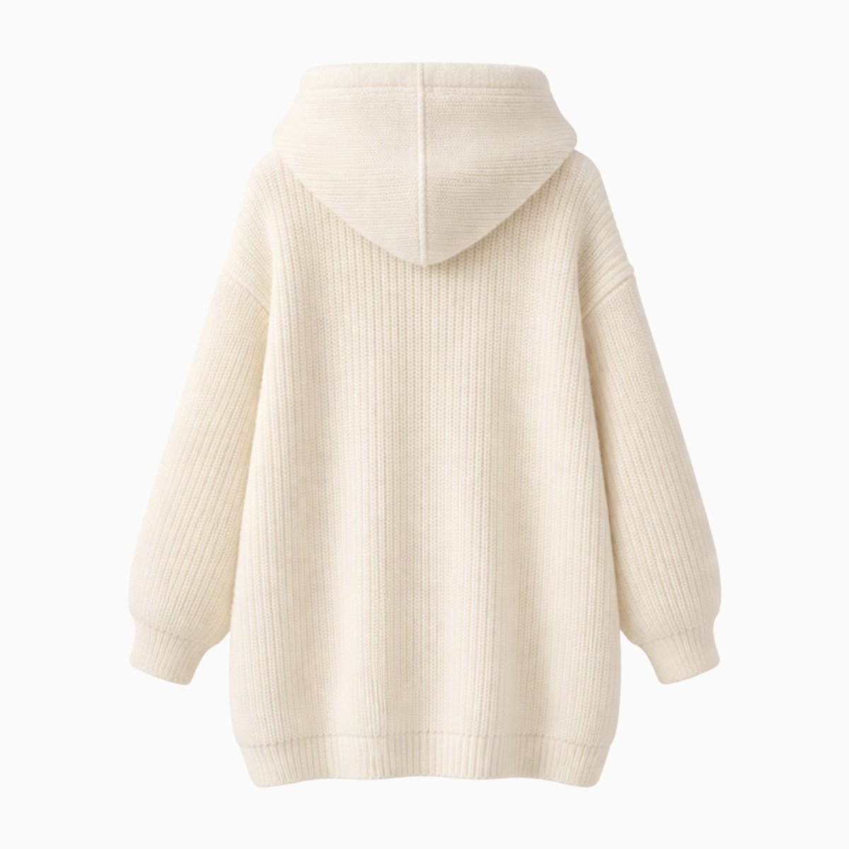 Flatlay of the back of the Kouvr Nadya oversized off white knit hoodie.