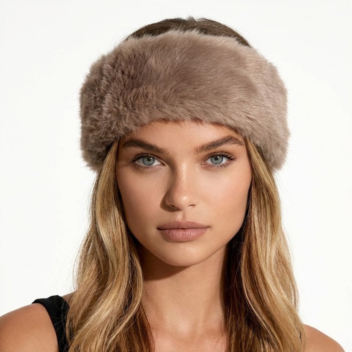 Model looking forward wearing the Kouvr Nancie luxe brown faux fur headband with a brown top.