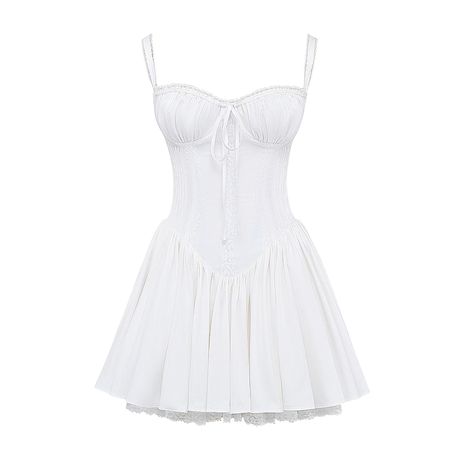 Product flat lay of the Kouvr Natalia white dress, highlighting the sweetheart neckline and corset details