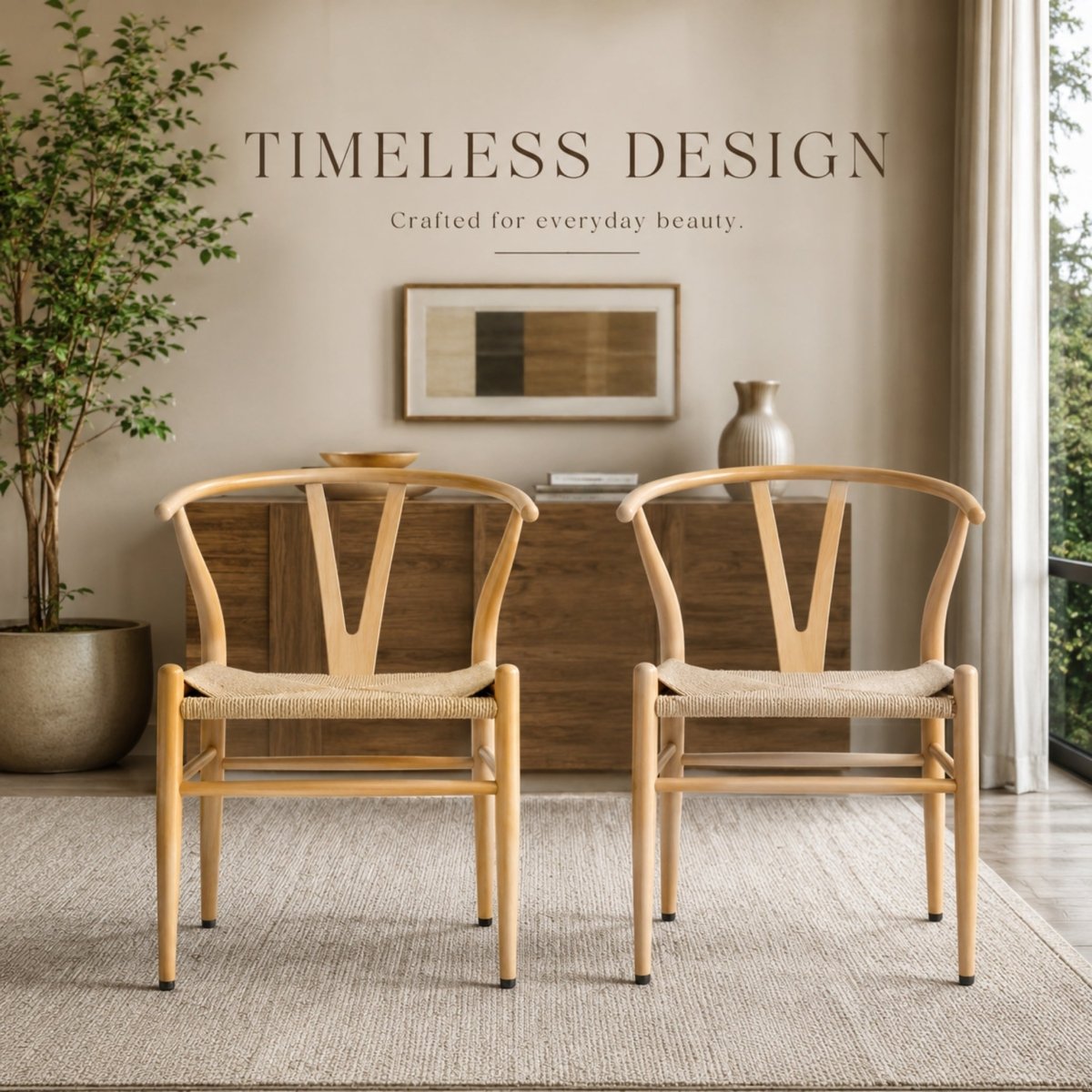 Two natural wood timeless design wishbone dining chairs with woven seats situated in a sunlit Japandi style living room.
