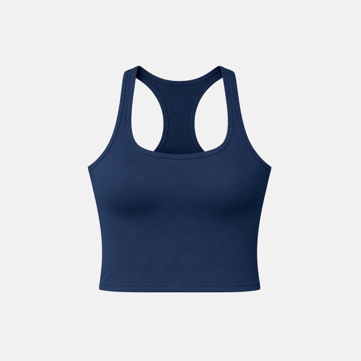 Front flat lay product shot of Kouvr luxury navy blue scoop neck athletic crop top.