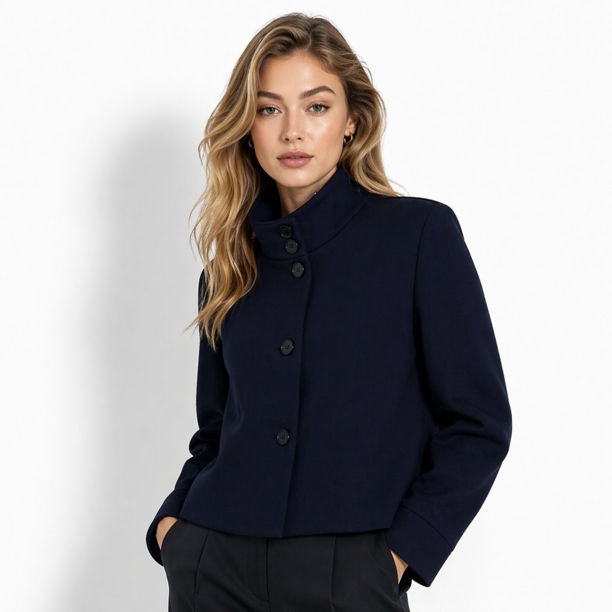 Navy cropped high neck jacket for women featuring button up front and wide cuffs by Kouvr.