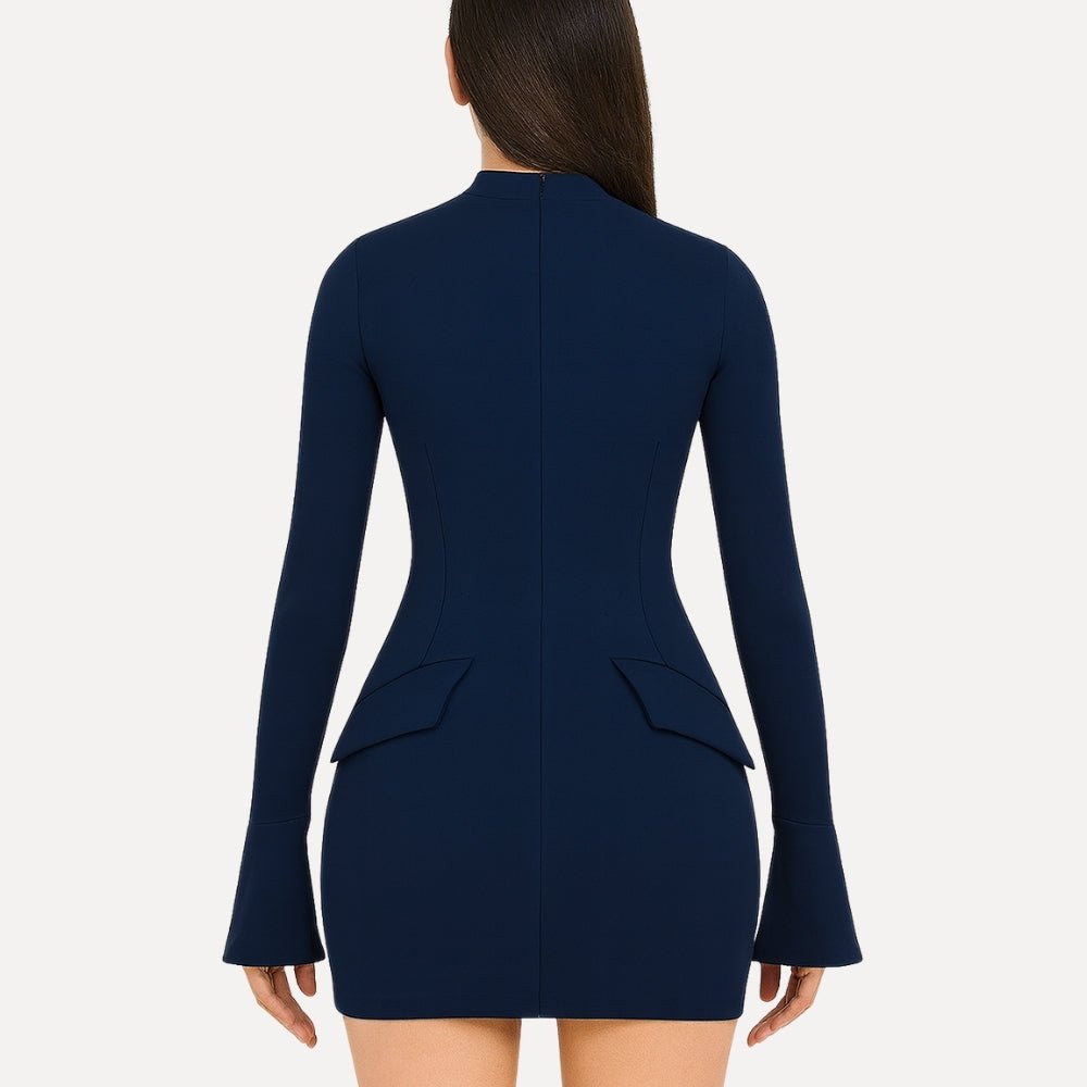 bell sleeve dress, flared cuff dress, high neck dress for women, form-fitting navy dress, sculpting bodycon dress, dress with flap pockets, sophisticated party dress, luxury going out dress