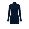 bell sleeve dress, flared cuff dress, high neck dress for women, form-fitting navy dress, sculpting bodycon dress, dress with flap pockets, sophisticated party dress, luxury going out dress