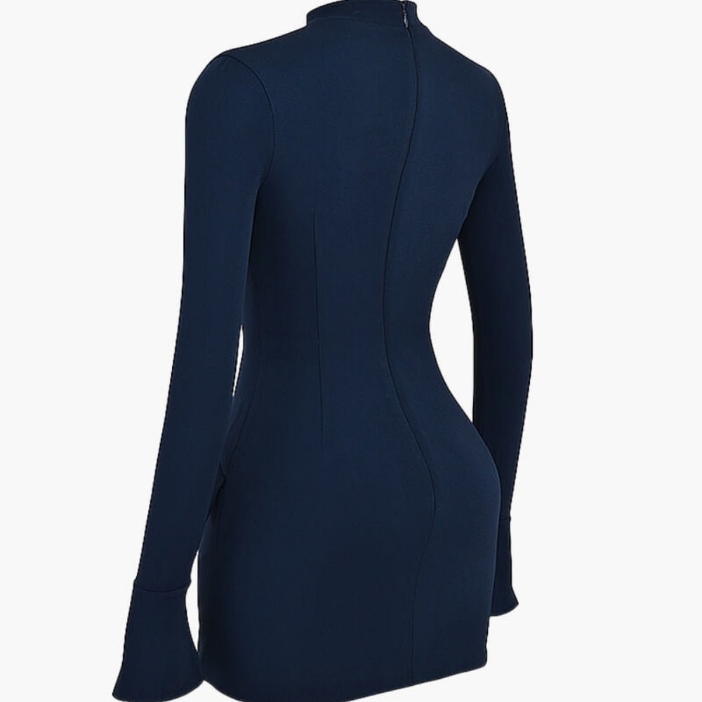 bell sleeve dress, flared cuff dress, high neck dress for women, form-fitting navy dress, sculpting bodycon dress, dress with flap pockets, sophisticated party dress, luxury going out dress