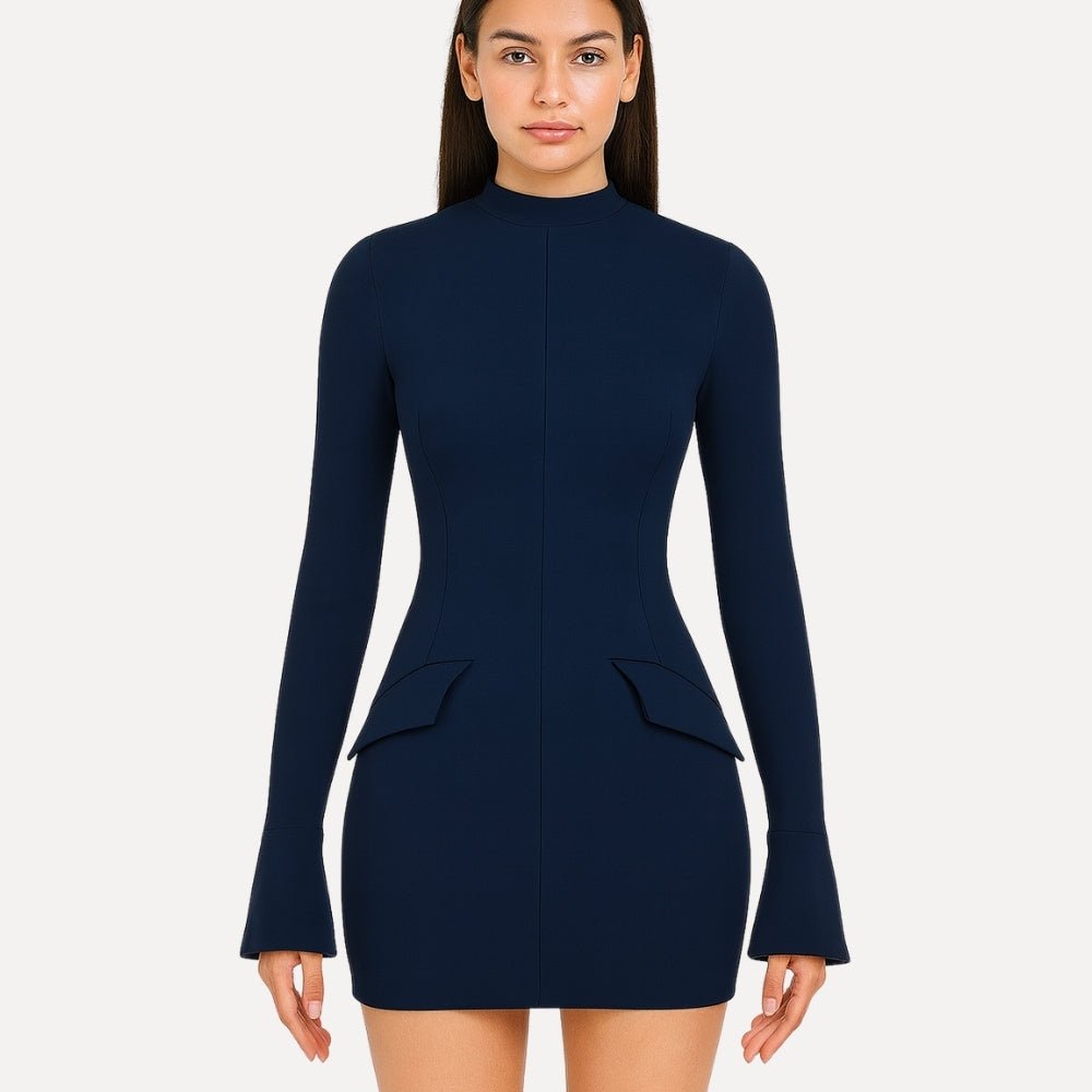 bell sleeve dress, flared cuff dress, high neck dress for women, form-fitting navy dress, sculpting bodycon dress, dress with flap pockets, sophisticated party dress, luxury going out dress