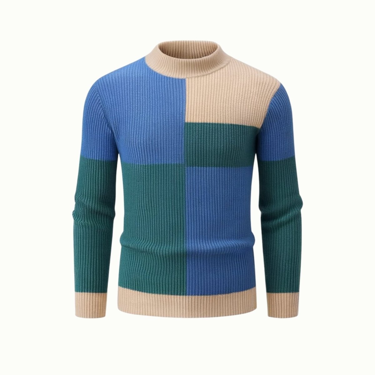 Flat product shot of the Kouvr Nerthus men's ribbed color block sweater, front side, on a white background