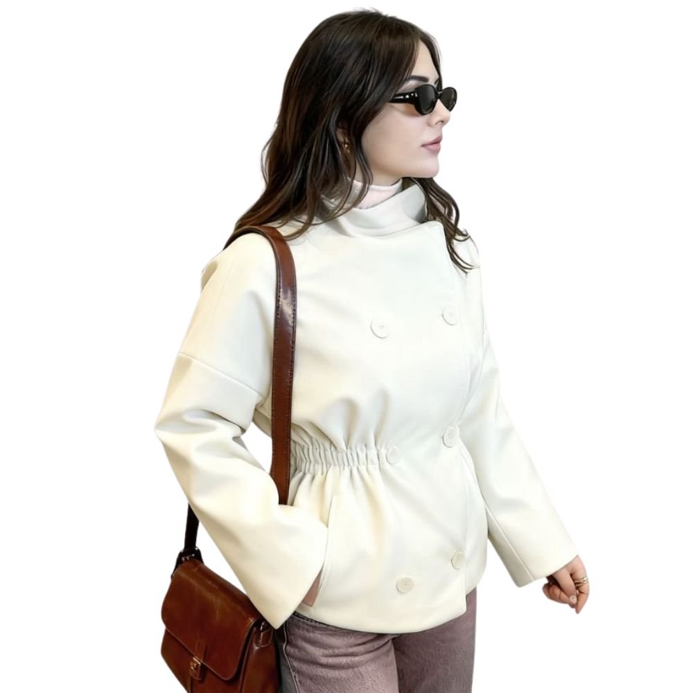 Model wearing the Niana short coat in ivory, styled with a white turtleneck and brown shoulder bag