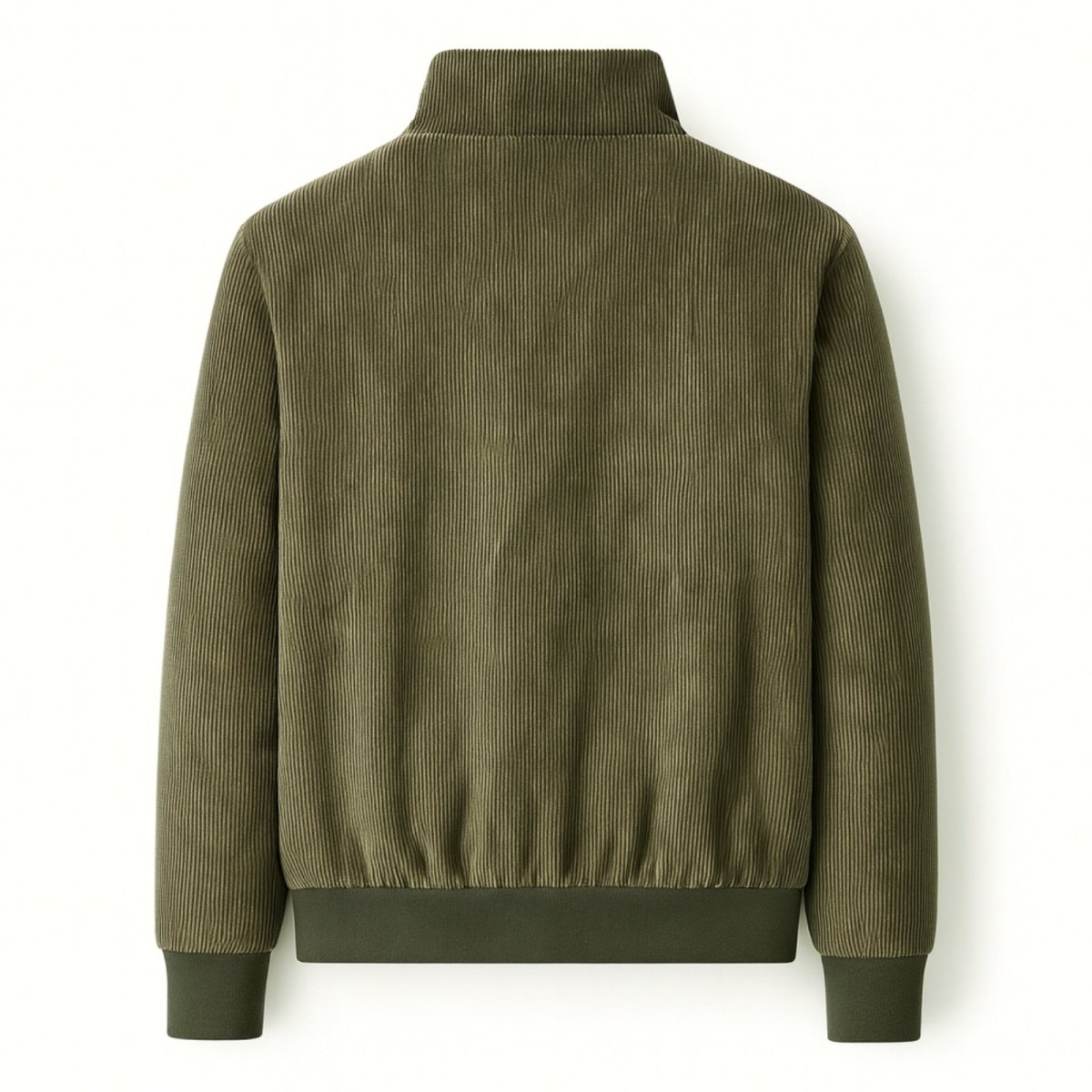 Kouvr Nick men's corduroy bomber jacket in army green, showing the sleeve and side pocket detail.