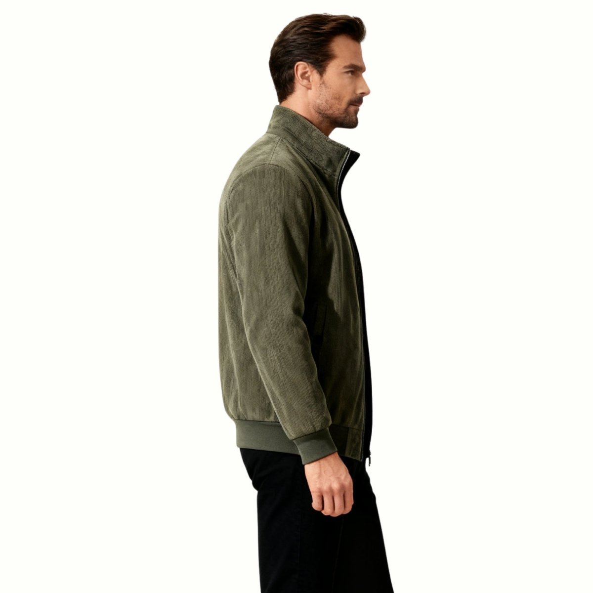 Detail shot of the ribbed cuff and hem on the olive green Kouvr Nick men's sherpa-lined corduroy jacket.