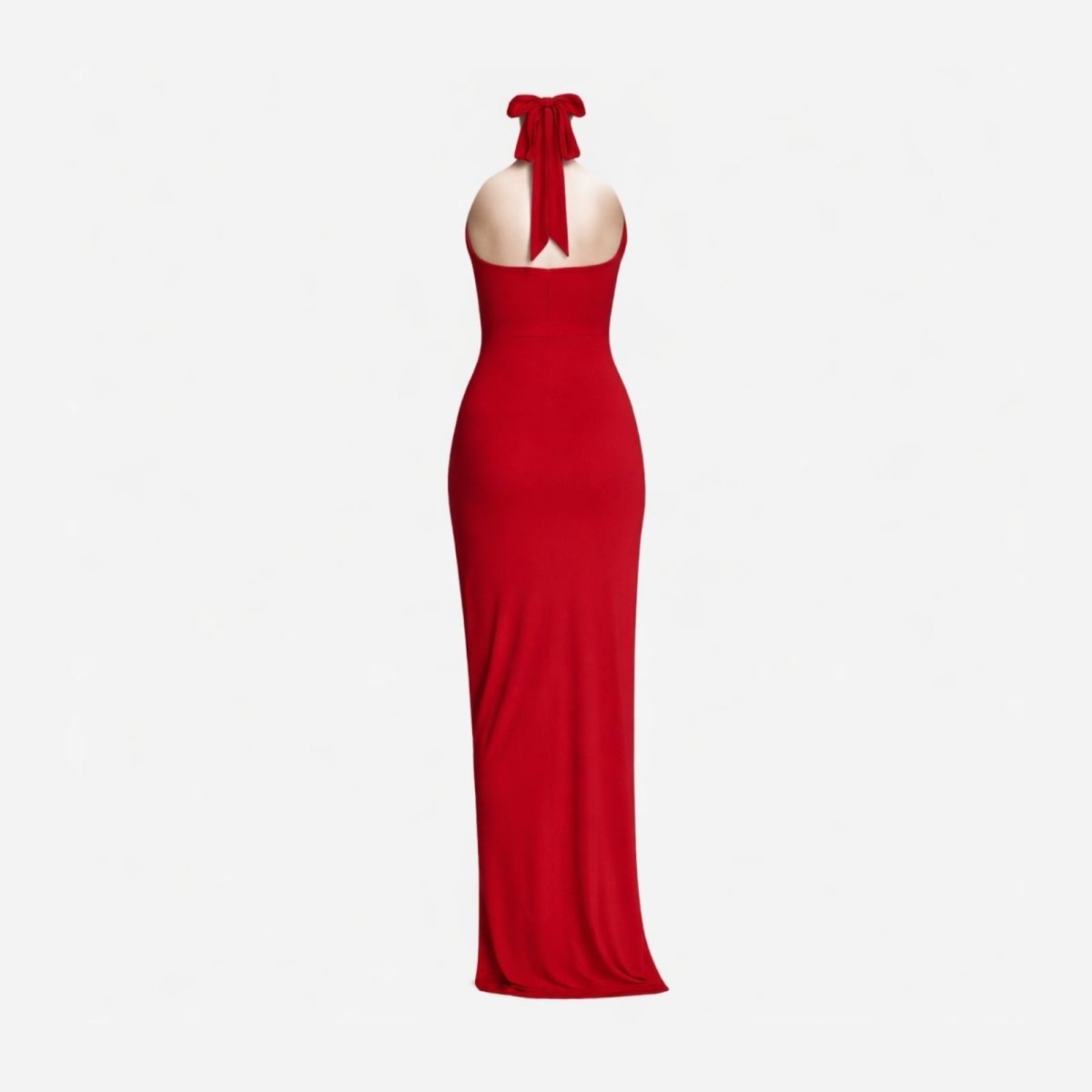 Studio product shot of the back of the Kouvr Nina red backless gown, showing the halter tie and elegant simplicity.