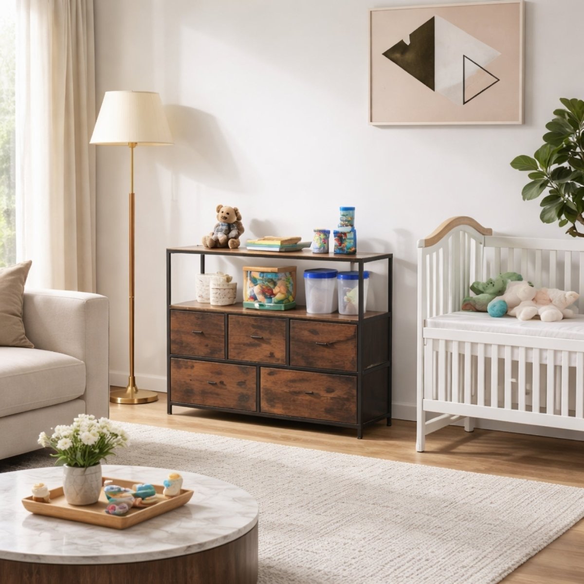 The Kouvr rustic wood dresser styled as a changing table in a modern nursery next to a white crib, showcasing its versatility for baby storage.