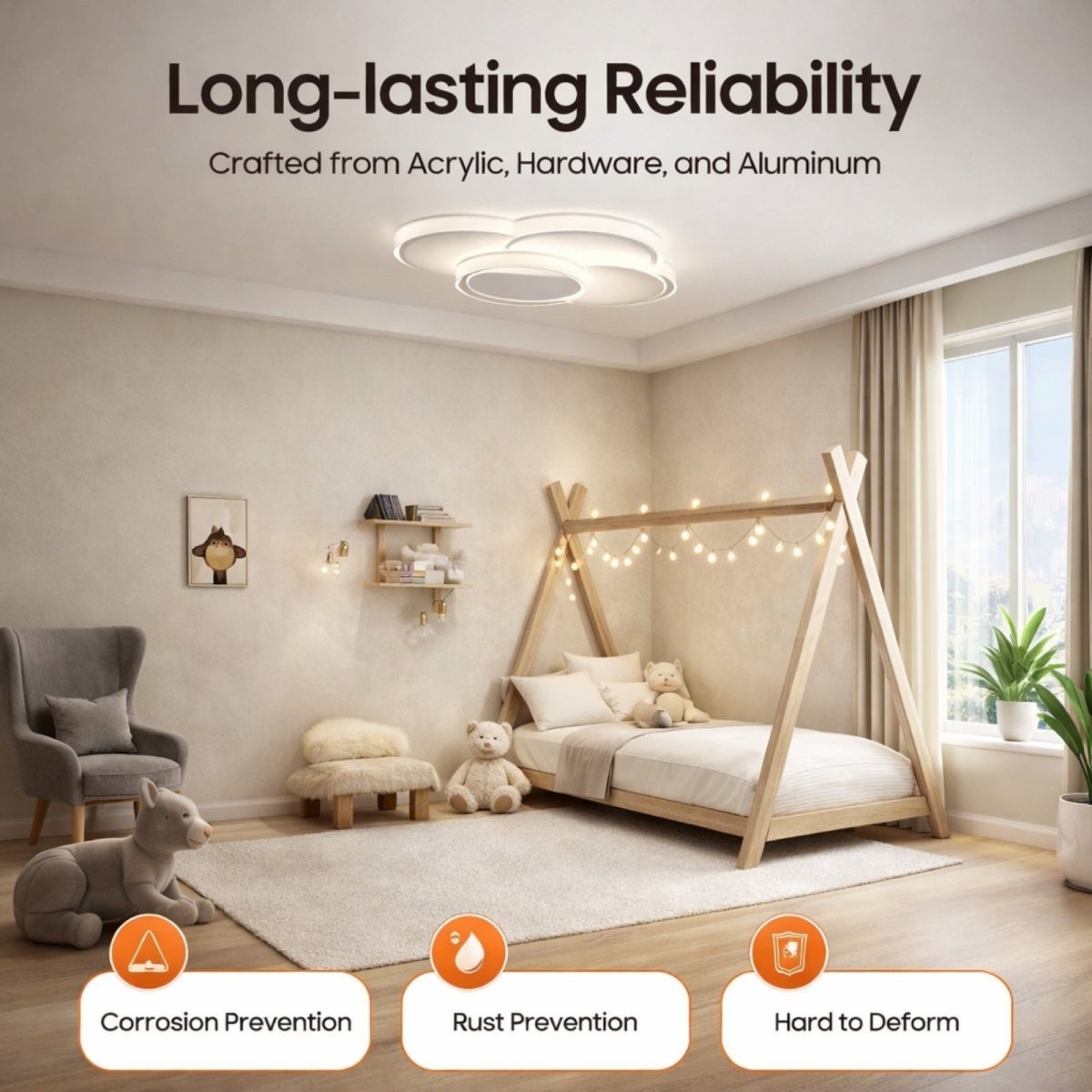 Soft glowing cloud ceiling lamp in a toddler bedroom with a teepee bed, demonstrating acrylic diffusion and corrosion-resistant design.
 