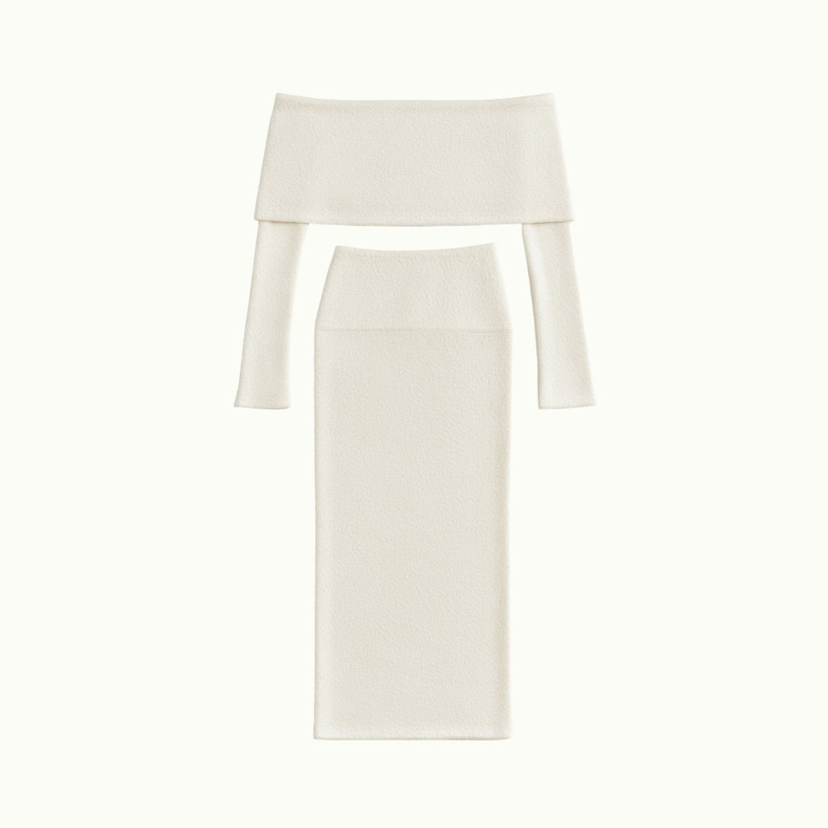 White Kouvr off-shoulder top and pencil skirt set on a white background