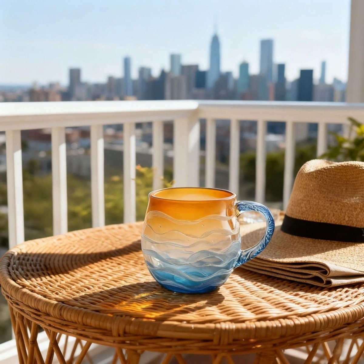 The Kouvr ocean glass mug and a straw hat on a wicker table on a city balcony with a skyline view.