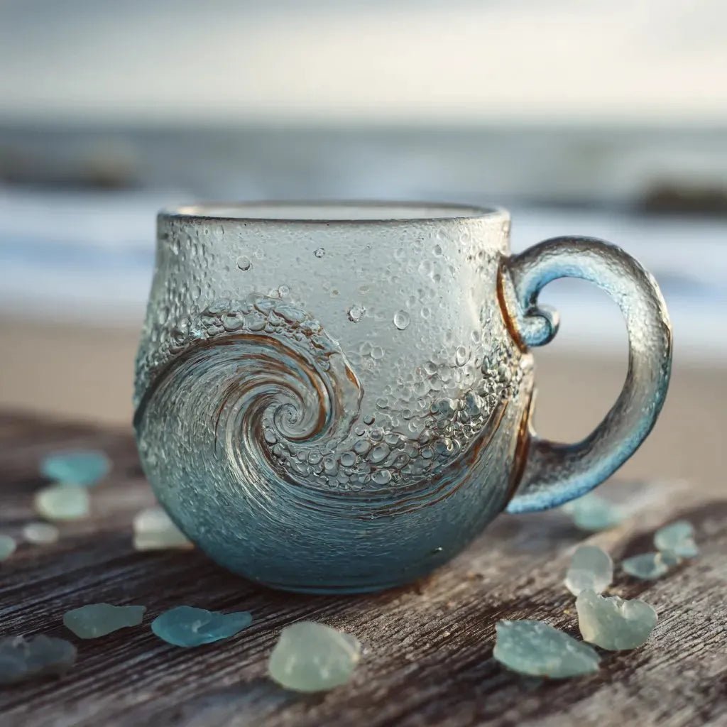 The Kouvr artisan ocean wave glass mug sitting on a rustic wooden plank at the beach with the sea in the background.