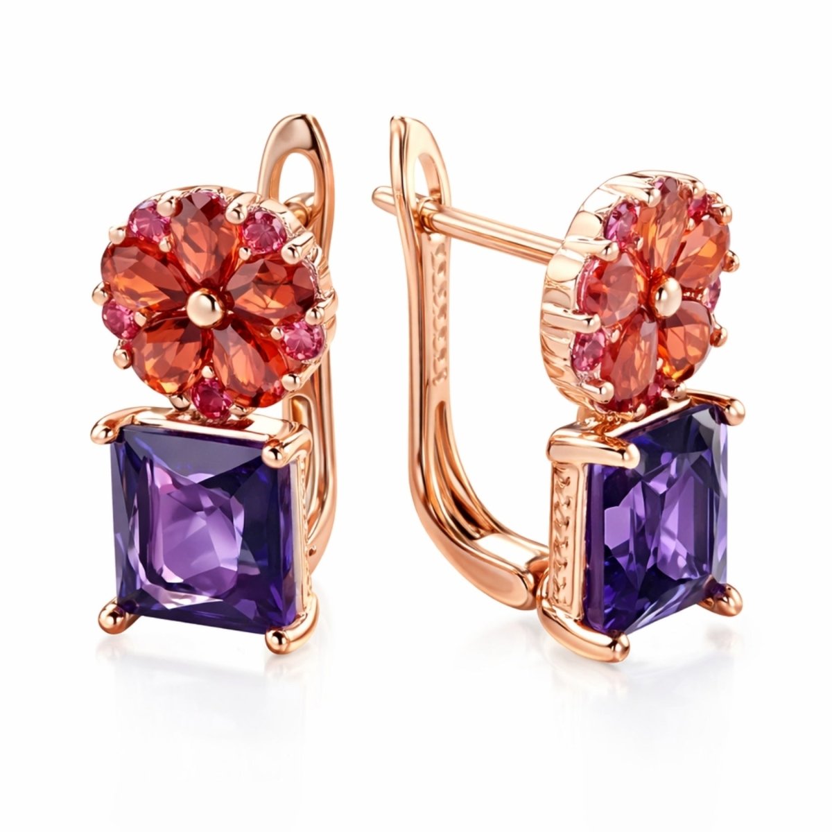 High-resolution product shot of the Kouvr Octivia gemstone drop earrings in rose gold against a pure white background.
