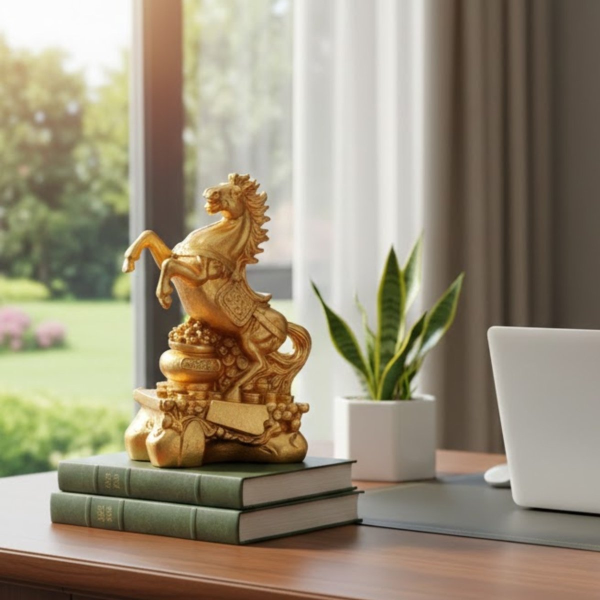 The Kouvr golden horse figurine used as an elegant office desk decor item, placed on a stack of books next to a laptop to inspire career success.