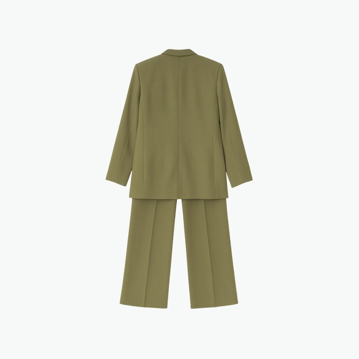 Flatlay showing the back construction and tailoring of the Kouvr Fashion olive green blazer and matching trousers set.