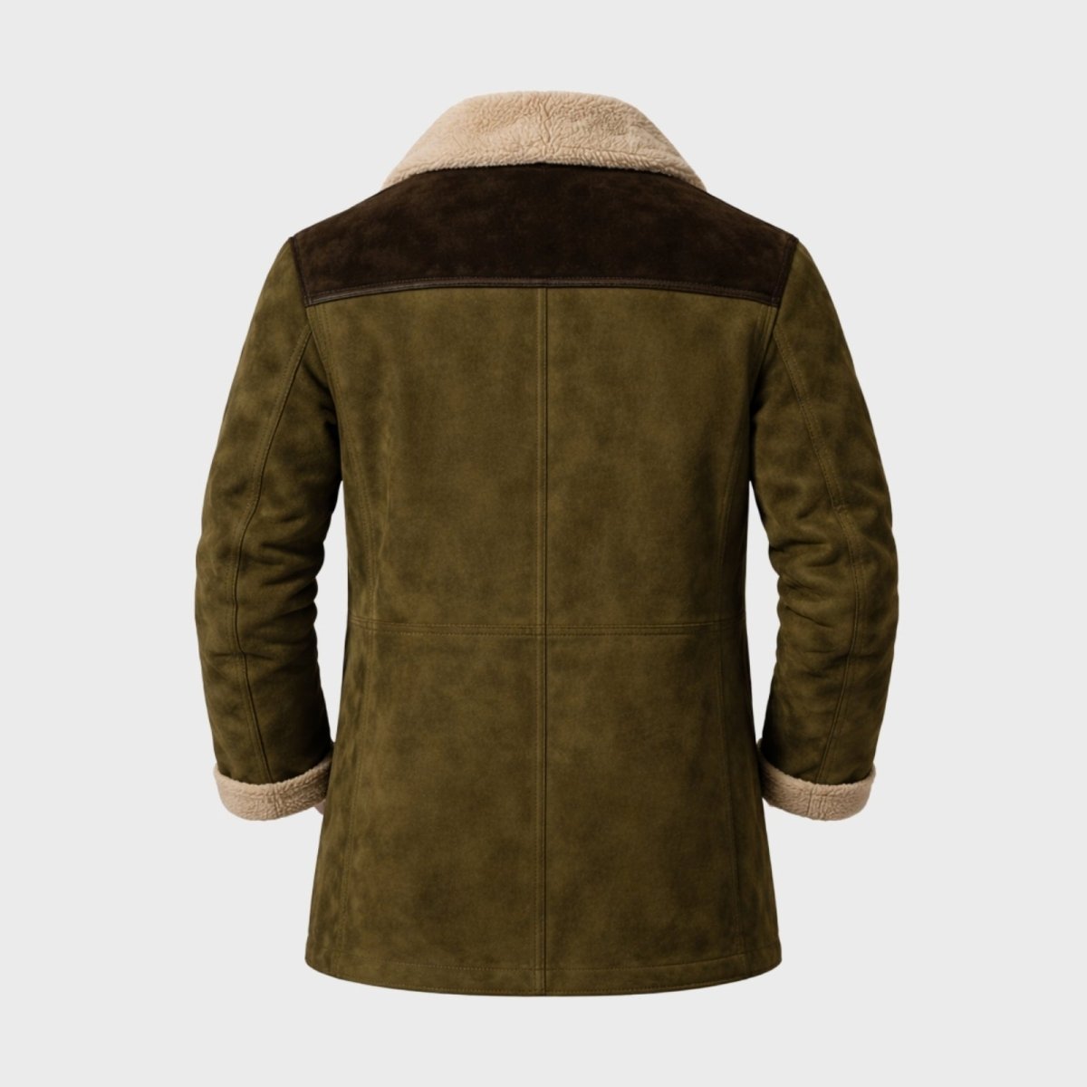 Flatlay product shot of the back of the Kouvr olive suede shearling jacket showing construction and yoke detail.