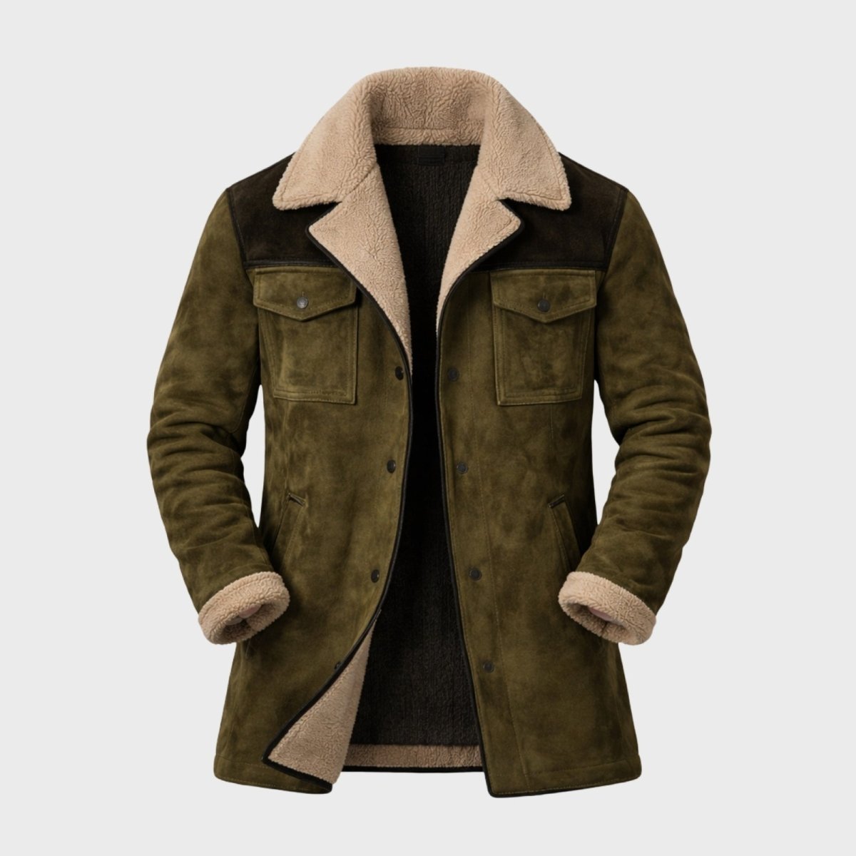 Flatlay product shot of the Kouvr olive suede jacket, open to display the full cream-colored faux shearling lining.
