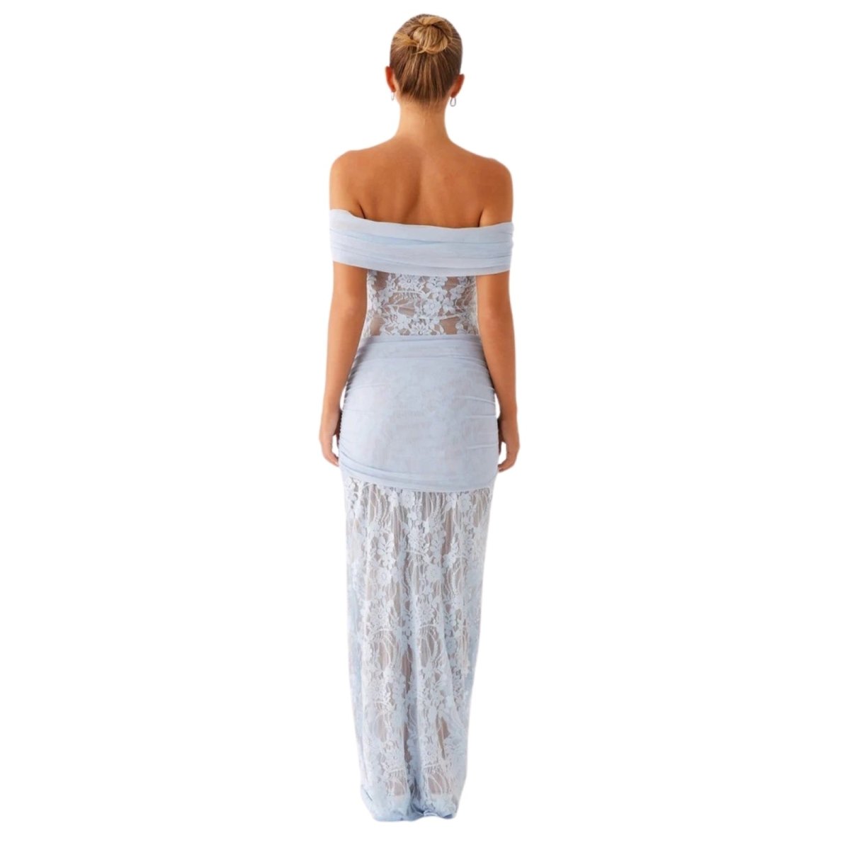 Woman wearing a light blue Kouvr off-shoulder dress with lace detailing on a white background