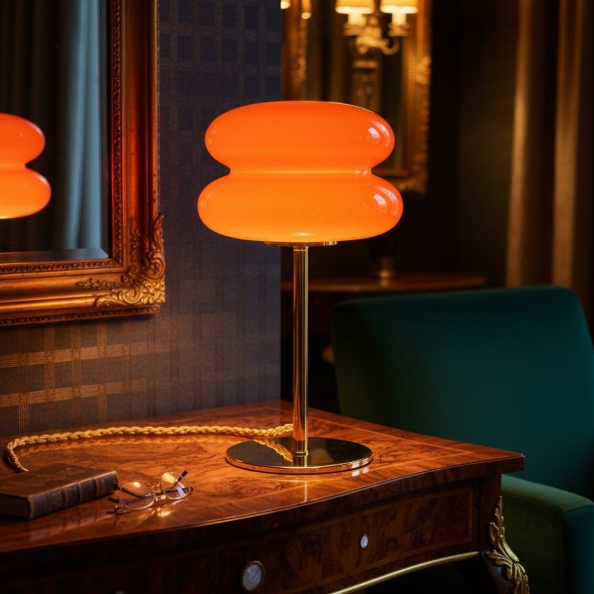 The Kouvr orange glass mushroom lamp sits on a dark wood desk next to a vintage book and glasses, casting a warm glow.